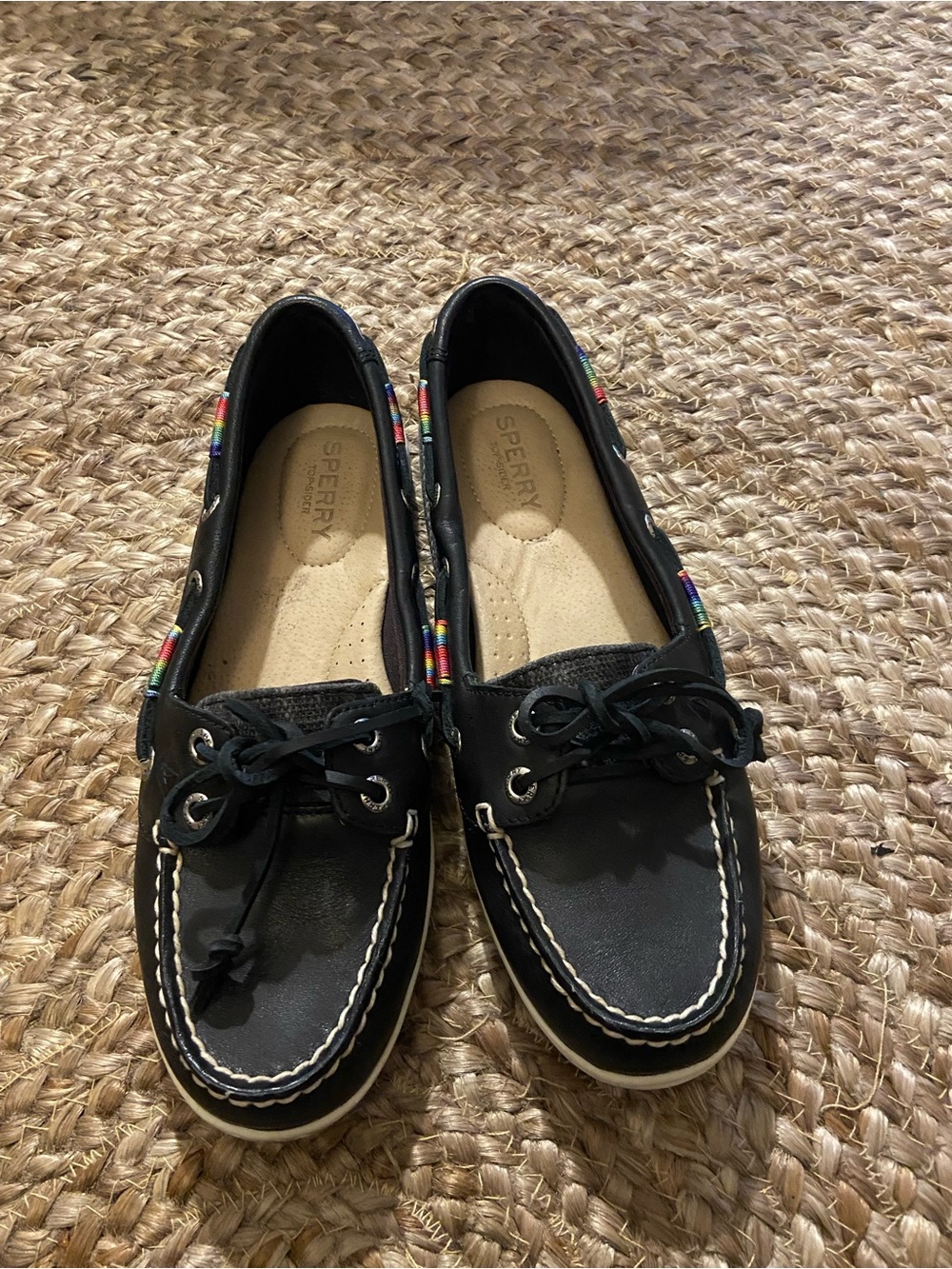Sperry Women Black Moccasin Boat Shoes with Rainbow Trim